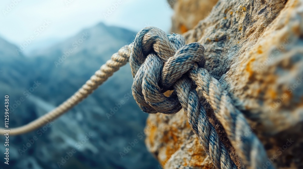 Poster close-up of a rope knot securely attached to a rock in the rugged mountains, symbolizing adventure.
