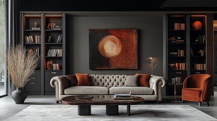 Modern living room interior with beige sofa, bookshelves, and abstract art.