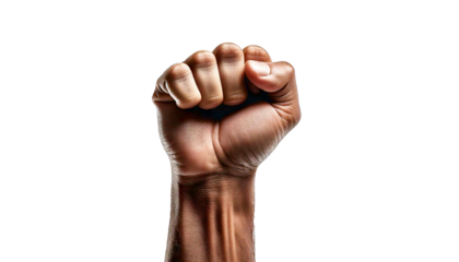 One fist in the air, symbolizing strength, unity and resilience. Transparent Background