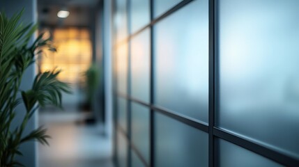 Blurred office glass partition with plant. Ideal for modern office, privacy, and workspace themes.