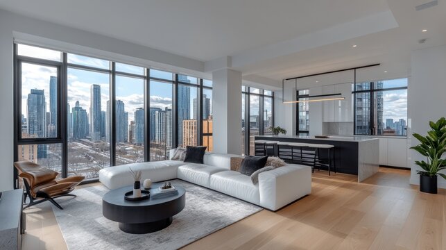 Modern condo living room with city view, open kitchen, and hardwood floors.