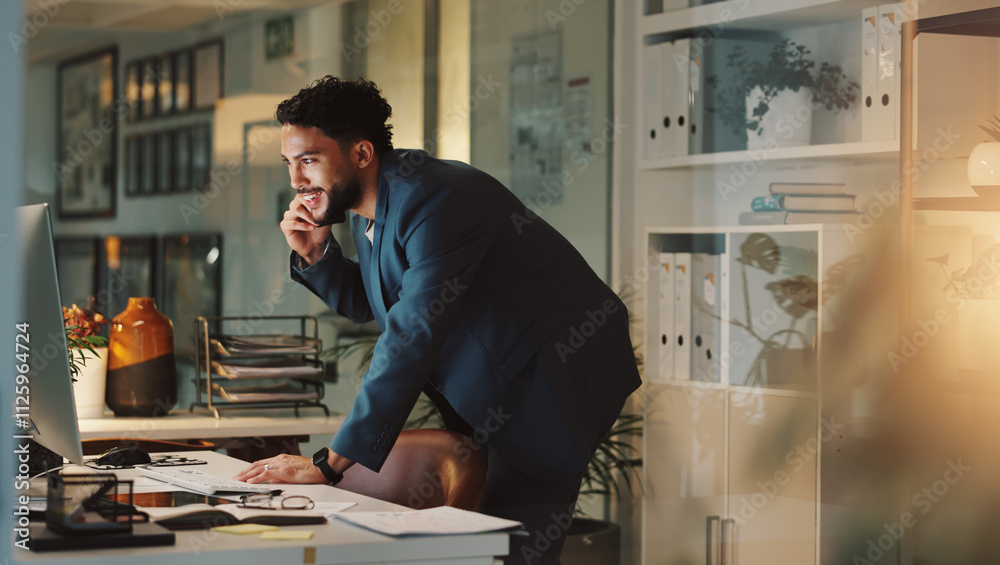 Aufkleber Phone call, smile and businessman in office, computer and talking with contact for update and project. Happy, documents and account manager with mobile for networking, info and discussion for invoice