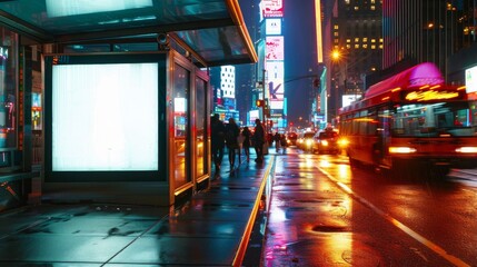 Create a nighttime urban scene focusing on a modern bus stop, The primary element is a brightly lit