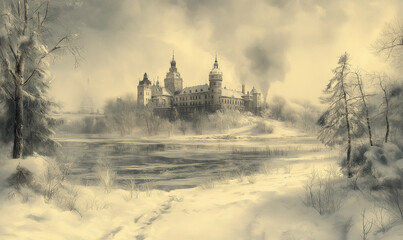 Fototapeta premium Winter picture, with the image of a snowy road and an adorable castle.