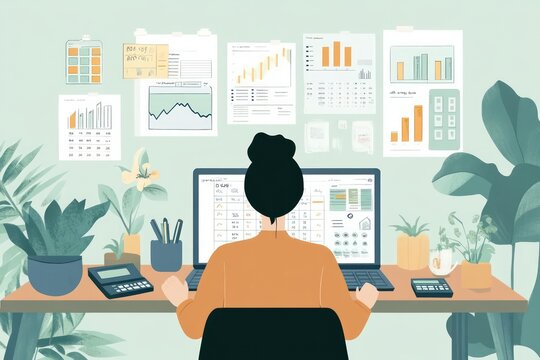 A person sitting at a desk, organizing their finances with a laptop, financial spreadsheets, and a calculator, while digital charts and graphs display income, expenses, and savings goals.