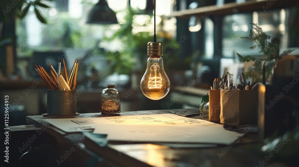 Poster Conceptual flat lay of a light bulb and sketches, representing the illumination of complex ideas and creative insights.