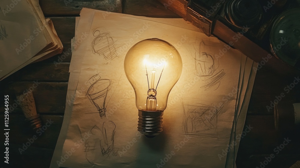 Poster Conceptual flat lay of a light bulb and sketches, representing the illumination of complex ideas and creative insights.