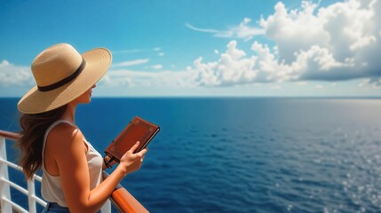 Fototapeta premium Relaxed Cruise Passenger Enjoying Ocean View, A woman on a cruise ship balcony reads a book while gazing out at the vast ocean. Sunny day ambiance.