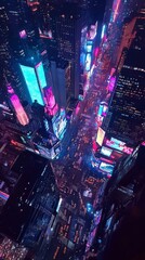 Experience a vibrant aerial view of the iconic Times Square beautifully illuminated at night