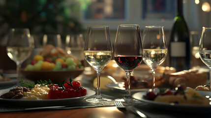 Elegant dinner setup featuring wine glasses and gourmet dishes in a cozy atmosphere