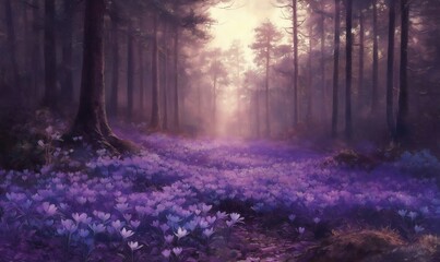 Fototapeta premium Watercolor forest with crocuses in full bloom.
