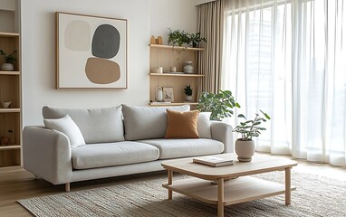 Fototapeta premium Minimalist living room with neutral colors, wooden furniture, and abstract art.