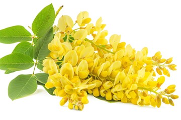 Obraz premium Branch of blooming yellow flowers of acacia isolated on white background