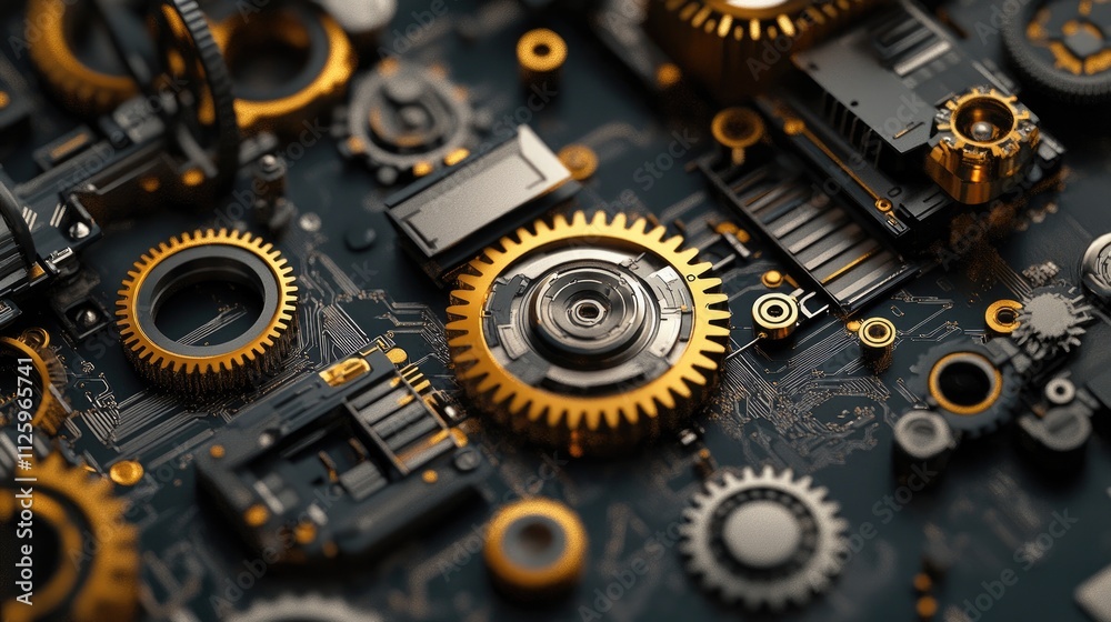 Poster futuristic digital elements like gears, hexagons, and circuit boards, representing the evolution of 