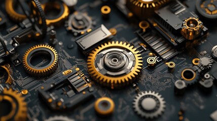 Futuristic digital elements like gears, hexagons, and circuit boards, representing the evolution of technology and digital engineering.