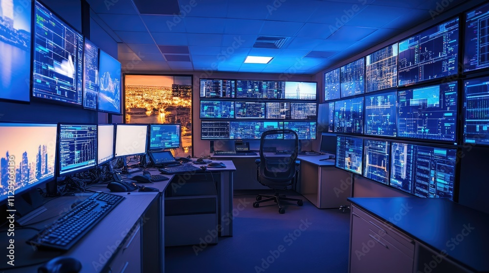 Poster High-tech command center filled with surveillance screens and digital data, representing advanced operations and security monitoring.