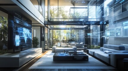 Obraz premium Interior of a modern smart home, featuring holographic lines and circuit designs, symbolizing the future of home automation.