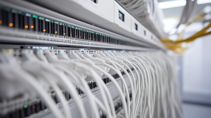 Modern digital network infrastructure with cables, switches, and data servers in an IT room.