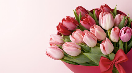 Elegant bouquet of red and pink tulips with ribbon on pastel background