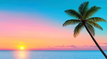 Obraz premium A serene sunset over the ocean with a palm tree silhouetted against a colorful sky, creating a tranquil tropical atmosphere.