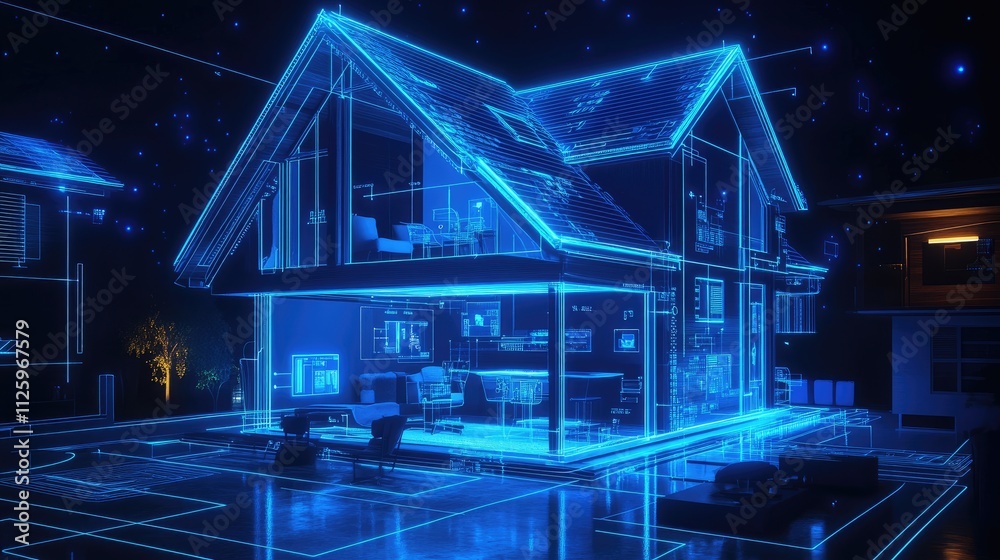 Poster smart home concept with an interior illuminated by blue digital holograms and lines, showcasing a ho