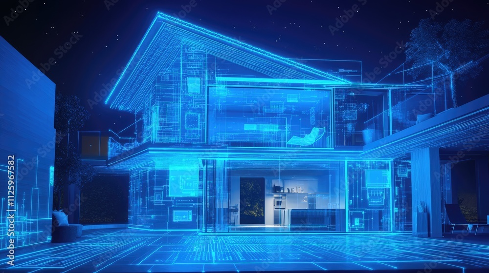 Poster smart home concept with an interior illuminated by blue digital holograms and lines, showcasing a ho