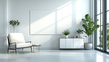 Fototapeta premium White room with plants, armchair, cabinet, blank canvas, window.