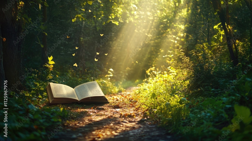 Poster Tranquil forest setting with an open book lying on a path, sunlight filtering through the trees above.