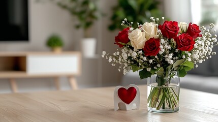 Obraz premium Minimalist Living Room Decor with Heart Themed Flower Arrangement on Wooden Table