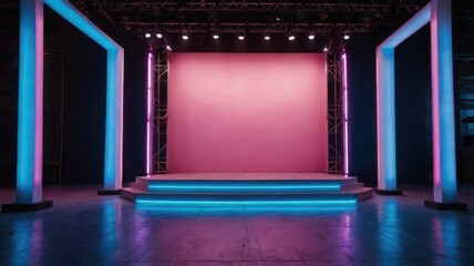 Empty stage with neon lights. Modern trendy club interior. Pink and blue colors