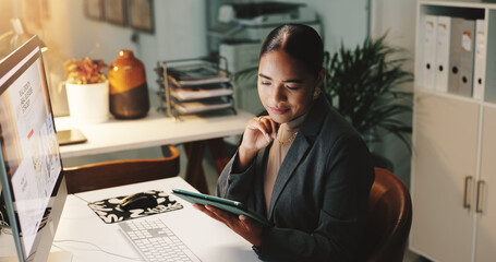 Thinking, research and woman with tablet, smile and working late for deadline, computer screen or...