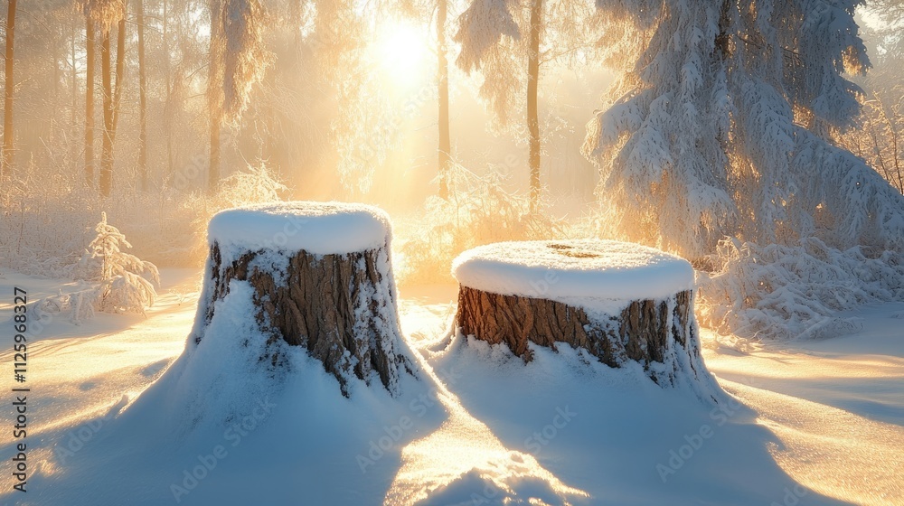 Poster two tree stumps covered in fresh snow, illuminated by sunlight streaming through the trees, creating