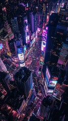 Experience a vibrant aerial view of the iconic Times Square beautifully illuminated at night