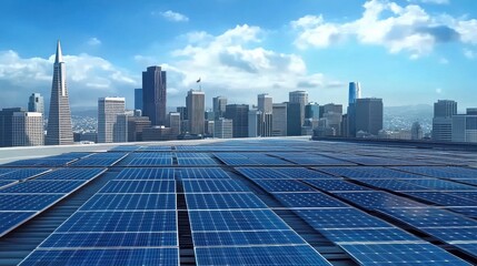 Large solar panels and distant urban buildings