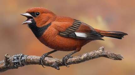 Fototapeta premium Vibrant Red Bird Singing on Branch Detailed Illustration Wildlife Art