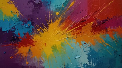 A vibrant display of colorful paint splashes on a textured surface creating an energetic art piece