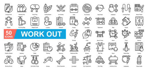 Work Out Icon Sheet Energy Drink, Bowling Pins, Ping Pong, Surfing Board, Ice Hockey, Date, No Cheese, Heart Beat, Kettlebell, Jumping Rope, Gripper, Punching Bag