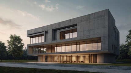 Fototapeta premium Modern Concrete Gray Building Structure with Open View. Minimalistic Urban Architecture City