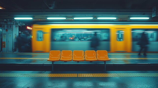 Empty orange seats at a subway station with a moving train in the background.