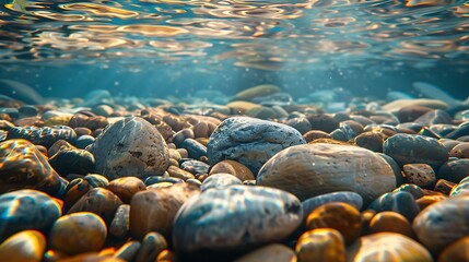 Sea pebbles on the beach under sunlight with rays of light