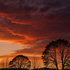Obraz premium Colorful Sunset Above Mountain Ranges. A Red and Orange Sky Framed by Silhouetted Trees