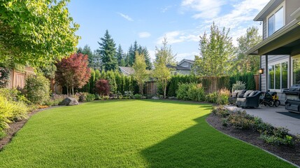 69.A backyard with a freshly mowed green lawn, each blade trimmed to perfection, giving the yard a smooth and even appearance. The grass is bright and rich in color, capturing the refreshing look and