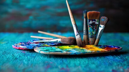 Fototapeta premium Artist s Paintbrushes Palette and Colors in Studio