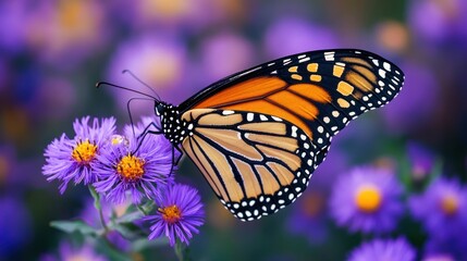 Fototapeta premium Monarch Butterfly on Purple Aster Flowers: A Stunning Close-up