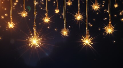 Naklejka premium Golden Stars Hanging on Dark Background Creating Festive Atmosphere