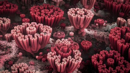 A 3D render of a fractal coral forest. The corals are of various shapes and sizes, with some having intricate, spiraling patterns. The corals are of various colors, ranging from light pink to deep red