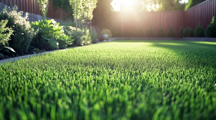 96.A close-up of a freshly cut backyard lawn with vibrant green grass, each blade trimmed to a uniform height. The lawn is lush and dense, with natural sunlight casting soft shadows that enhance the