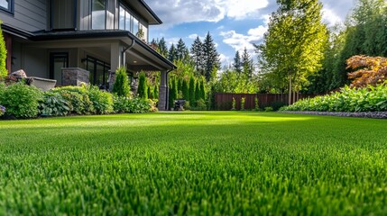 Obraz premium 66.A freshly cut backyard lawn with a vibrant, rich green color, each blade neatly trimmed to a uniform height. The grass has a soft, lush texture, creating a smooth surface that stretches across the