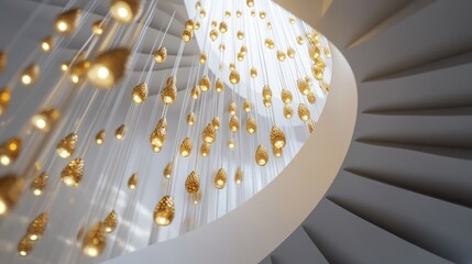 Spiral Staircase Illuminated by a Chandelier of Golden Teardrops
