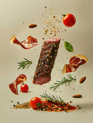 Flying Jamon Iberico in Dynamic Food Photography with Black Background